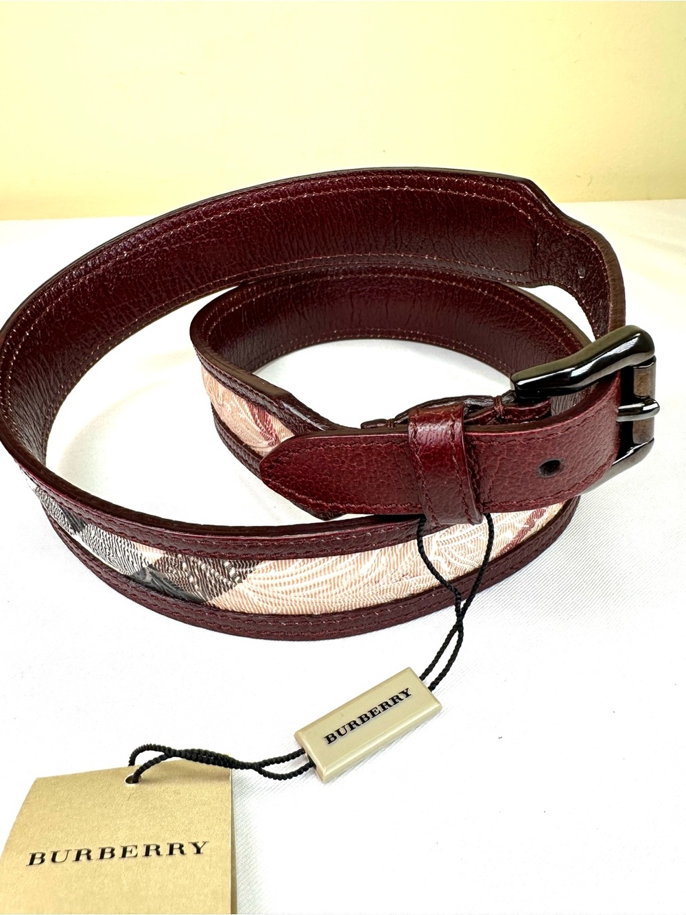 Burberry NWT burgundy leather belt patterned inset Italy size 36/90